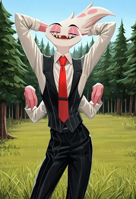 Angel[HH],Angel dust[HH], Spider[HH], Angie[HH], Freckles, pink body, light pink fur, light pink body, multiple limbs, makeup, golden tooth, (Male anthro spider:1.3).  Solo, alone, by himself, 1boy, male.  athletic, athletic body, (athletic body), (white body:1.1), clothing, clothed, suit, red tie, red necktie, necktie, black suit, black suit vest, vest, white shirt, shirt, black pants, pants, black trousers, trousers. HD, digital painting, digital art, masterpiece.  Headshot, head focus, close to face, closeup, bustshot.  Happy emotion, happy.   outside, forest, trees, woods, grassy floor, grassy, (outside:1.4)  HD, digital painting, digital art, masterpiece ((bust portrait)), digital drawing (artwork), digital media (artwork), hi res. negative_hand. JJ[Style], JumpingJackal[Style], Jumping Jackal[Style].