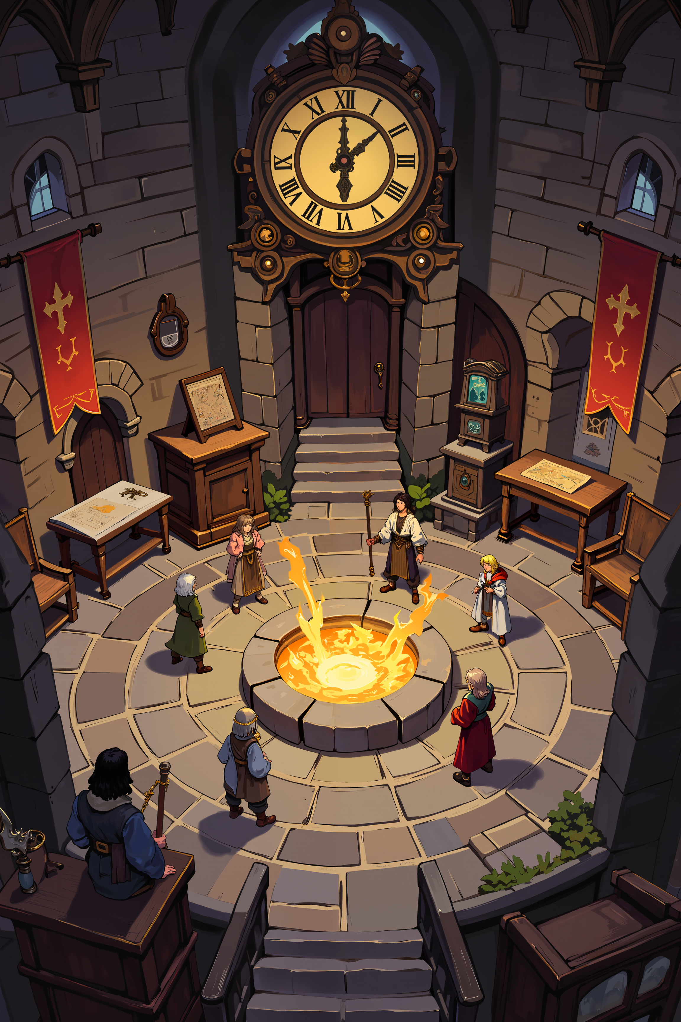 a medieval fantasy setting shows a large room with stone walls and a large, ornate clock with Roman numerals. The room features a circular stone floor with a glowing central platform, surrounded by various characters in medieval attire. There are banners and tapestries on the walls, and a small table with a map. The atmosphere is dimly lit, creating a mysterious and historical ambiance. , detailed background  Fantastic lighting. Detailed shadows.intricate details, vivid colors, hyper-detailed, ultra-sharp, , <lora:XRSTYLE_FLUX:0.7><lora:RetroAnimeFluxV1:0.4><lora:MoriiMee_Gothic_Niji_Style_FLUX:0.3>