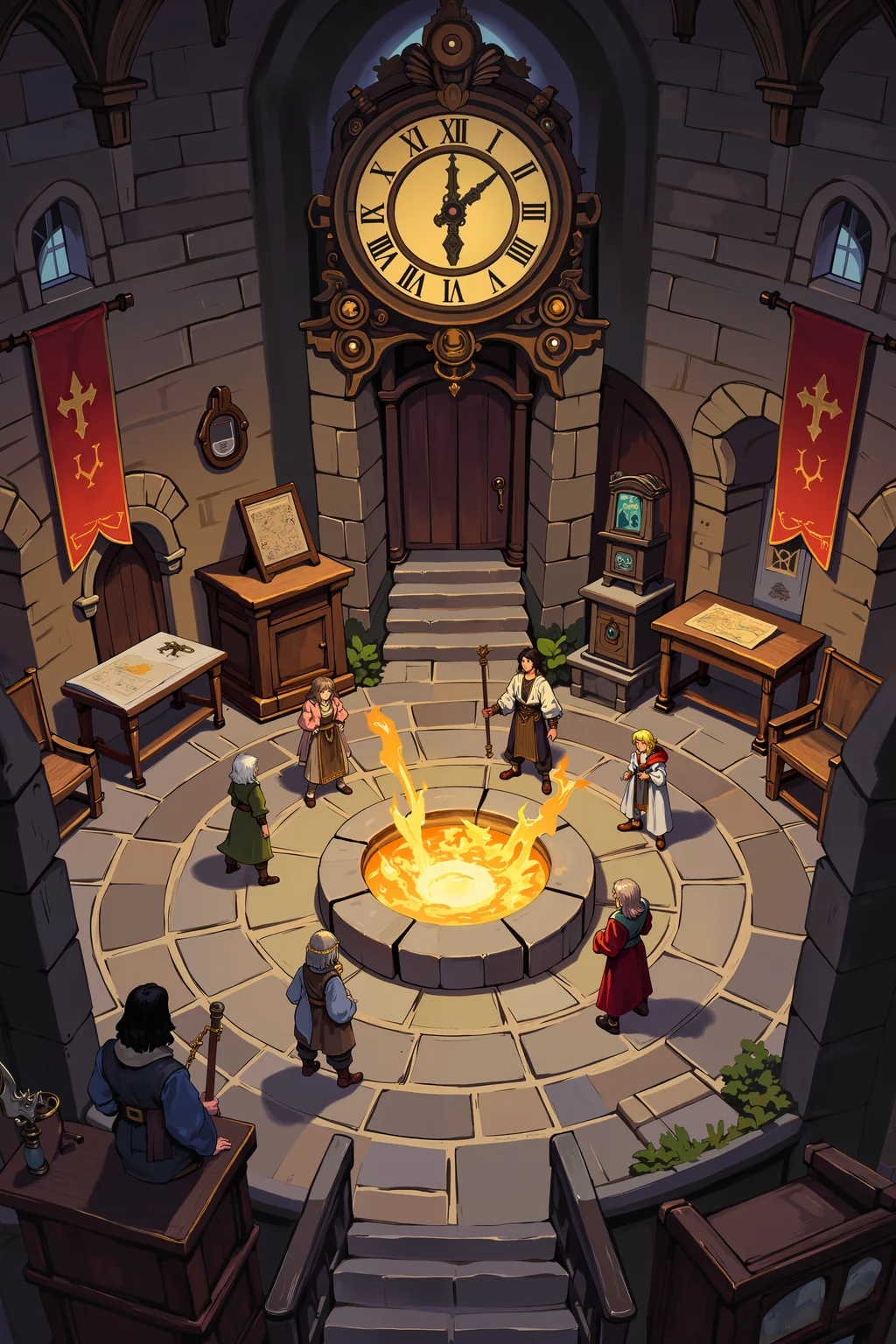 a medieval fantasy setting shows a large room with stone walls and a large, ornate clock with Roman numerals. The room features a circular stone floor with a glowing central platform, surrounded by various characters in medieval attire. There are banners and tapestries on the walls, and a small table with a map. The atmosphere is dimly lit, creating a mysterious and historical ambiance. , detailed background Fantastic lighting. Detailed shadows.intricate details, vivid colors, hyper-detailed, ultra-sharp, , <lora:XRSTYLE_FLUX:0.7><lora:RetroAnimeFluxV1:0.4><lora:MoriiMee_Gothic_Niji_Style_FLUX:0.3>