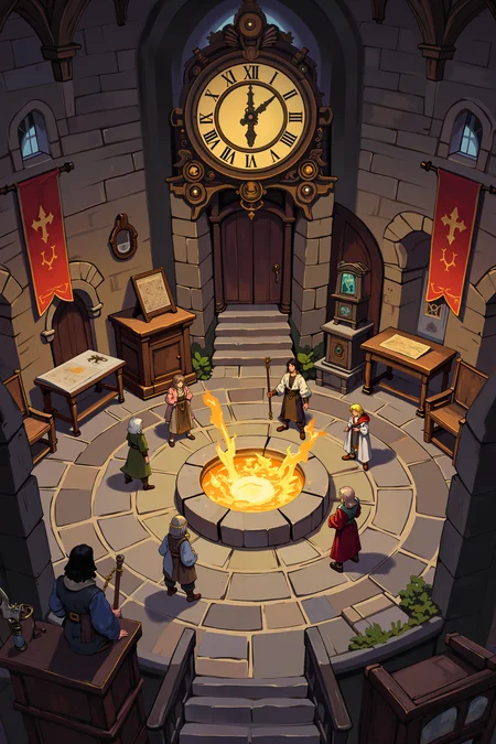 a medieval fantasy setting shows a large room with stone walls and a large, ornate clock with Roman numerals. The room features a circular stone floor with a glowing central platform, surrounded by various characters in medieval attire. There are banners and tapestries on the walls, and a small table with a map. The atmosphere is dimly lit, creating a mysterious and historical ambiance. , detailed background Fantastic lighting. Detailed shadows.intricate details, vivid colors, hyper-detailed, ultra-sharp, , <lora:XRSTYLE_FLUX:0.7><lora:RetroAnimeFluxV1:0.4><lora:MoriiMee_Gothic_Niji_Style_FLUX:0.3>