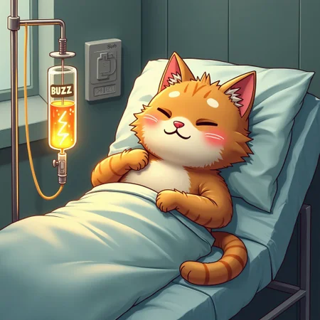 Hospital, a cute anthropomorphic cat is lying on the patient bed, with the intravenous drip is fixed to one arm, to administer a peculiar fluid with a golden glow, marked with the word "BUZZ". Bottom of the image is inscribed the text: "1 buzz 1 prayer", golden tabby cat, humanoid cat, big head, sad, funny, cute, iv therapy, buzz meme, yellowish liquid, lightning emoji, insane details, insane quality, breathtaking art, digital art, masterpiece