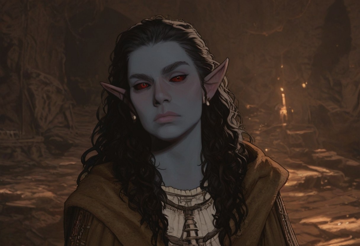 solo, short pointy ears, piercings, random elf face, aquiline features, male dark elf, masculine, beard, weathered skin, large nose, athletic build,  animated realism, zoomed out, Syrian features, torso, brass pipes and gears, intricate architecture, dwarven masonry, dwemer fixtures, white-green light, gloomy lighting, ancient ruins, interior, stone tiled floor, grey-blue skin, mahogany and ivory clothes, medium armor, bone plate armor, ivory straps and fittings, grey wood neckguard, dark red sclera, black pupils, distant mushroom forest, blue-green light, neon, highly detailed, defined features, looking at viewer, three quarters view, from front, dynamic lighting, 36 years old, light and shadows, patterned cloth, annoyed expression, expressive eyes, detailed medieval clothes, long hair, wavy hair, thick hair, beaded hair, braided hair, under cut hair, semirealistic, alien elf, spanish features, jewish features, black hair, dark red hair, umber skin, sharp features, pastel green berber print cloak, nighttime, high detail, absurdres, pretty eyes, detailed eyes, red eyes,