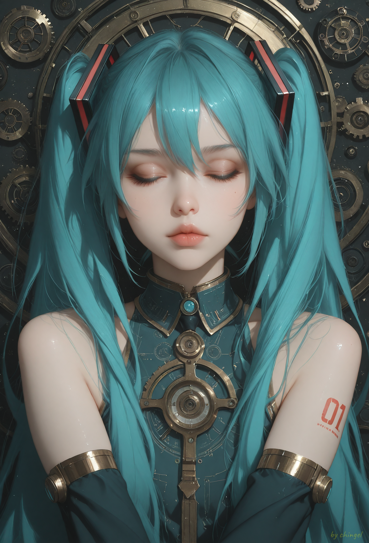 score_9, score_8_up, score_7_up,
best quality,masterpiece,highres,Highly detailed,realistic skin texture, detailed picture,UHD,32k,

rating_explicit,

hatsune miku, vocaloid, 1girl, aqua eyes, blue eyes, very long hair, aqua hair, long hair, twintails, detached sleeves,

This is a digital artwork depicting a stylized, abstract face of a woman. The image is rendered in a high-contrast, metallic gold and black palette, with intricate, geometric patterns and symbols overlaying the face. The woman's face is partially visible, with her eyes closed and her lips slightly parted, giving an expression of serene contemplation. Her skin is shaded in metallic gold, with intricate patterns of lines and circles etched into it, creating a textured, almost metallic appearance.

The background is a chaotic mix of lines, shapes, and symbols in gold and black, giving the impression of a complex, futuristic cityscape or an abstract machine. Clocks, gears, and circuitry-like designs are interspersed throughout the background, adding to the technological theme. The overall style is reminiscent of steampunk or cyberpunk art, blending elements of both futuristic and Victorian aesthetics. The texture of the artwork is smooth and glossy, with a high level of detail and precision, characteristic of digital art. The image is framed by a black border, which contrasts sharply with the metallic gold of the face, making it stand out prominently.