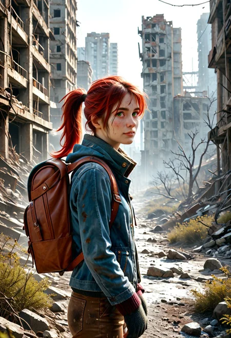1girl, Masterpiece, 8k, ultra high detail, score_7 up, 
volumetric lighting, vivid colors, vibrant colors,  score_8_up, score_9,  small breast size, sporty red ponytail hair,  fcNeg, stunning green eyes, freckles, white skin, small nose, innocent beauty, slim face,  cute face, skinny body, perfect body, extreme detailed body, intence green eyes,  perfect face, ultra high detailed face, perfect eyes, petite, 
Cold, red dust everywhere, Wandering through ruins, 
Wasteland Tribal_Leather_Parka, fur lined, mittens, hood over head,  wasteland clothes, 
Dirty, dirty face, dirty skin, backpack filled with stuff,
  simple_big_brown_leather_backpack_full_with_stuff, 
Post Apocalyptic, big city Wasteland, skyscraper ruins,