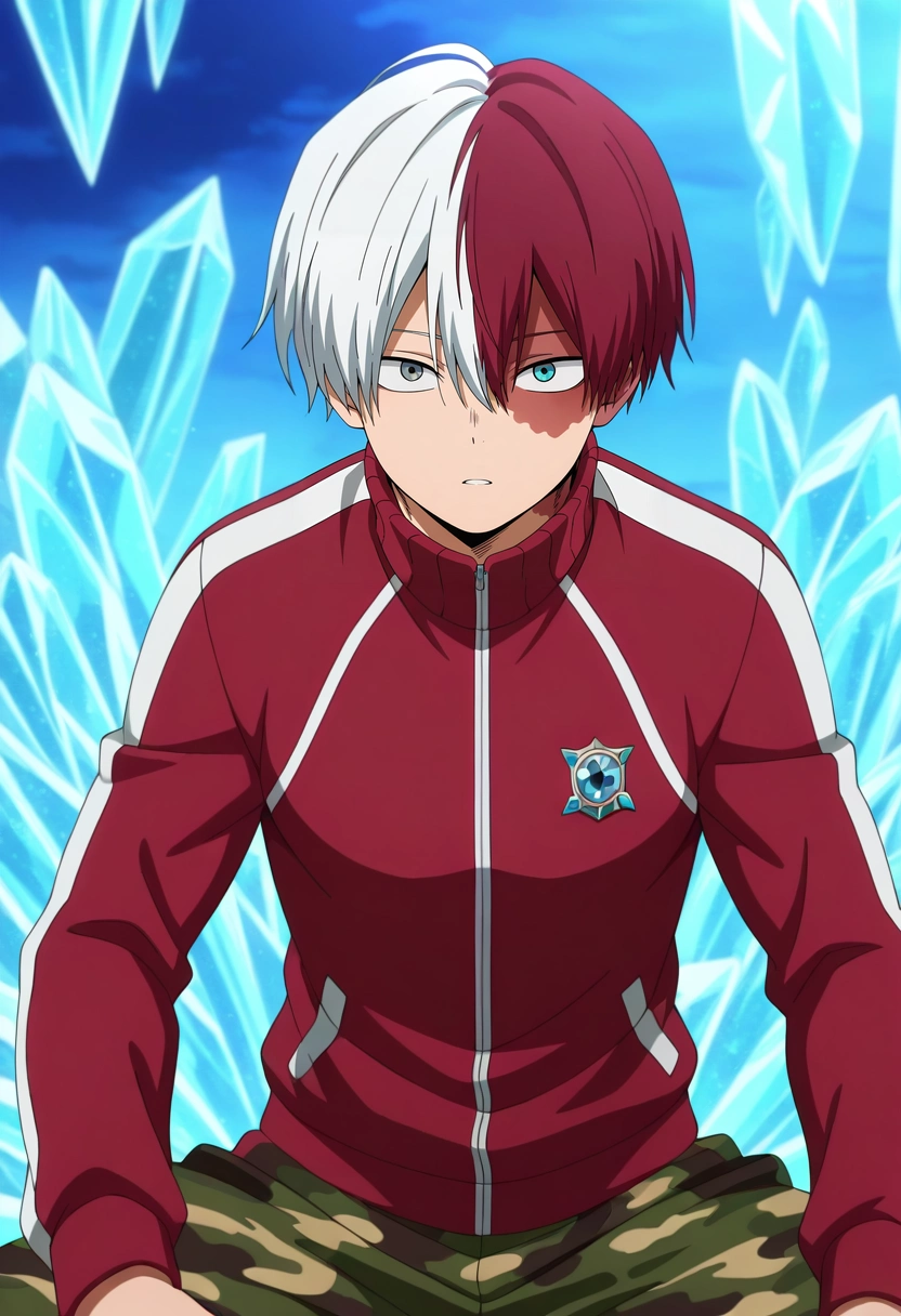 masterpiece, best quality, , anime screencap, anime coloring, official style, looking at viewer, , 1boy, solo, male focus, <lora:shouto_todoroki_ilxl:0.98>, shouto_todoroki, white hair, red hair, grey eyes, blue eyes, heterochromia, short hair, hair between eyes, bangs, multicolored hair, two-tone hair, split-color hair, burn scar, scar on face, crystal garden, mineral growths, light pools, gem clusters, examining pose, fascinated expression, prismatic light, Harlequin Harem pants, Camouflage Jacquard Zip-up track jacket, , ,
