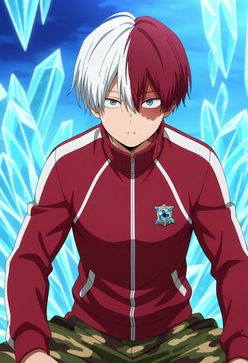 masterpiece, best quality, , anime screencap, anime coloring, official style, looking at viewer, , 1boy, solo, male focus, <lora:shouto_todoroki_ilxl:0.98>, shouto_todoroki, white hair, red hair, grey eyes, blue eyes, heterochromia, short hair, hair between eyes, bangs, multicolored hair, two-tone hair, split-color hair, burn scar, scar on face, crystal garden, mineral growths, light pools, gem clusters, examining pose, fascinated expression, prismatic light, Harlequin Harem pants, Camouflage Jacquard Zip-up track jacket, , ,