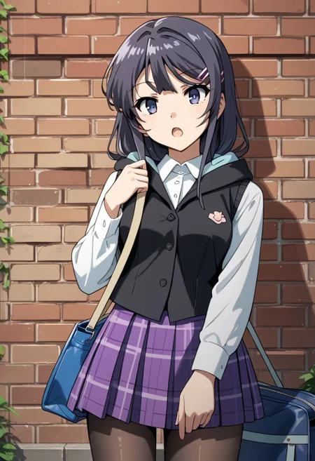 score_9,score_8_up,score_7_up,source_anime,SAKURAJIMA_MAI,1girl,solo,looking at viewer,open mouth,shirt,skirt,long sleeves,hair ornament,standing,jacket,white shirt,pantyhose,cowboy shot,collared shirt,hairclip,hood,bag,vest,:o,black pantyhose,plaid,dress shirt,plaid skirt,hood down,purple skirt,shoulder bag,brick wall,