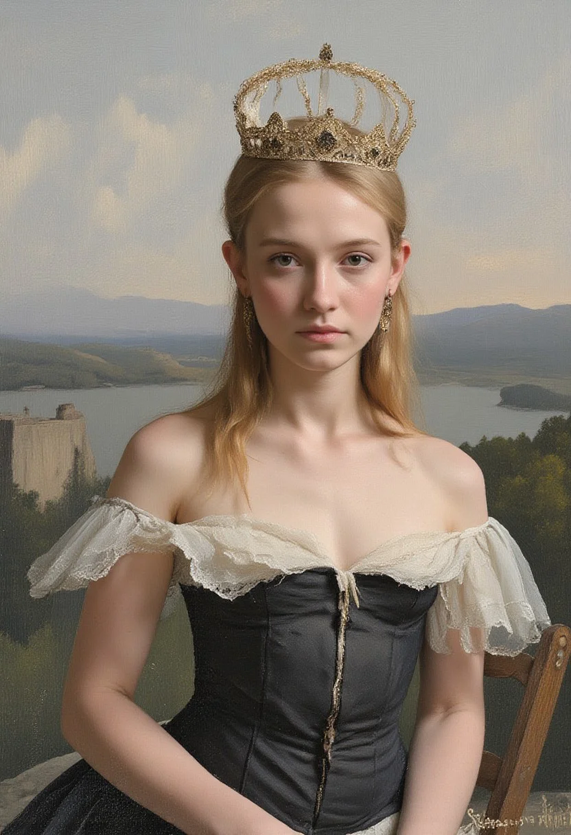 A portrait oil painting of a 25 year old Swedish queen. She is wearing a jeweled crown. She has medium breasts and puffy nipples showing above her corset. standing in front of a castle on the top of a hill overlooking the ocean. painted by John Singer Sargent. Oil paint with visible brush strokes, dry brush painting, novuschroma, in the style of Rembrandt. vantablack <lora:style_of_Rembrandt_FLUX_135:.8> <lora:- Flux1 - vanta_black_V2.0:.6> <lora:113_novuschromaFLX_1:.8>