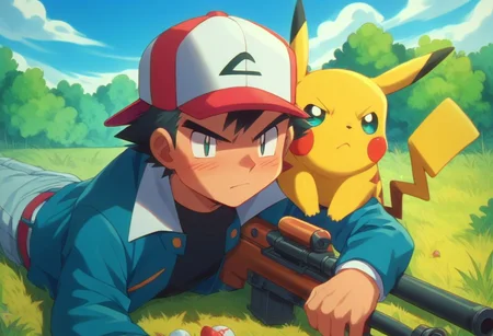 score_9, score_8_up, source_anime, highly detailed, 1boy, solo, skinny
ash3, 1boy laying on the ground, holding a Sniper Rifle, , pokemon (creature), hat, male focus, baseball cap, black hair, day, on shoulder, jacket, shirt, black shirt, sky, determined,
outdoor,