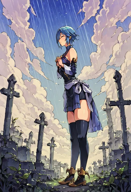score_9, score_8_up, solo focus, solo, aqua, outdoors, wide hips, narrow waist, skindentation, thigh highs, closed mouth <lora:AquaSDXL:1> , takeda hiromitsu style, solo, graveyard, praying, closed eyes, rain, outdoors, cloudy sky, leaf, ruins, sunbeam, on her knees, side view,