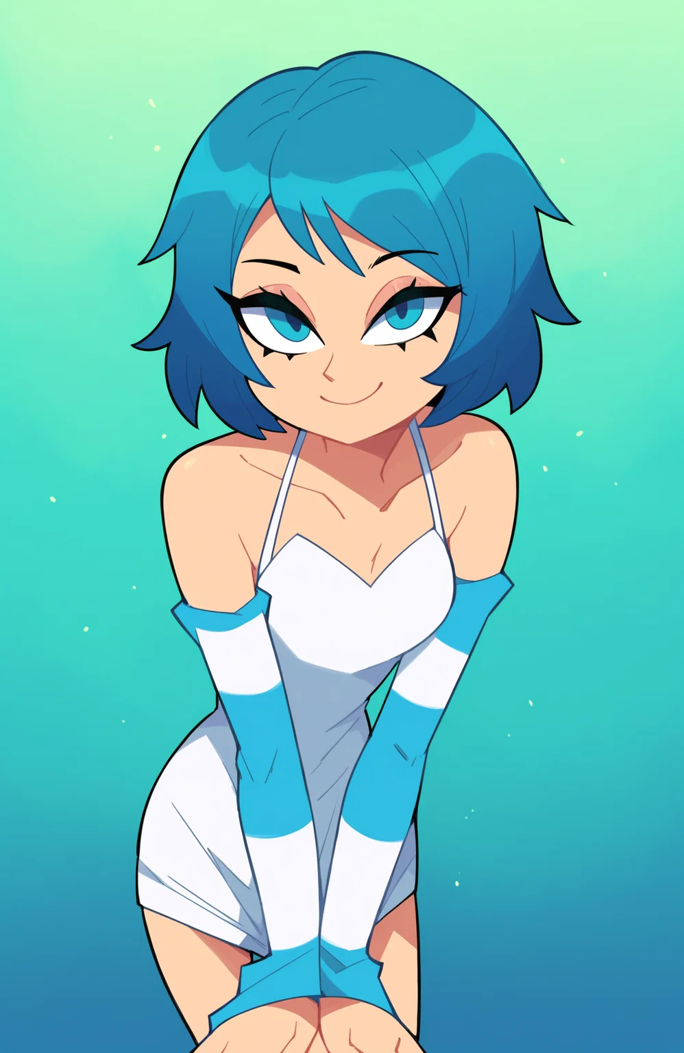 score_9, score_8_up, score_7_up, score_6_up, score_5_up, score_4_up, BREAK
1girl, solo, dress, striped sleeves, looking at viewer, gradient background, medium hair, blue eyes, detached sleeves, smile, blue background, makeup, white dress, breasts, short hair, blue hair, sleeveless, cowboy shot, leaning forward, bare shoulders, elbow gloves, small breasts
 <lora:miscon_ponyxl:1>