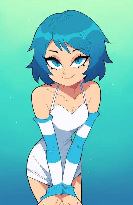 score_9, score_8_up, score_7_up, score_6_up, score_5_up, score_4_up, BREAK
1girl, solo, dress, striped sleeves, looking at viewer, gradient background, medium hair, blue eyes, detached sleeves, smile, blue background, makeup, white dress, breasts, short hair, blue hair, sleeveless, cowboy shot, leaning forward, bare shoulders, elbow gloves, small breasts
<lora:miscon_ponyxl:1>