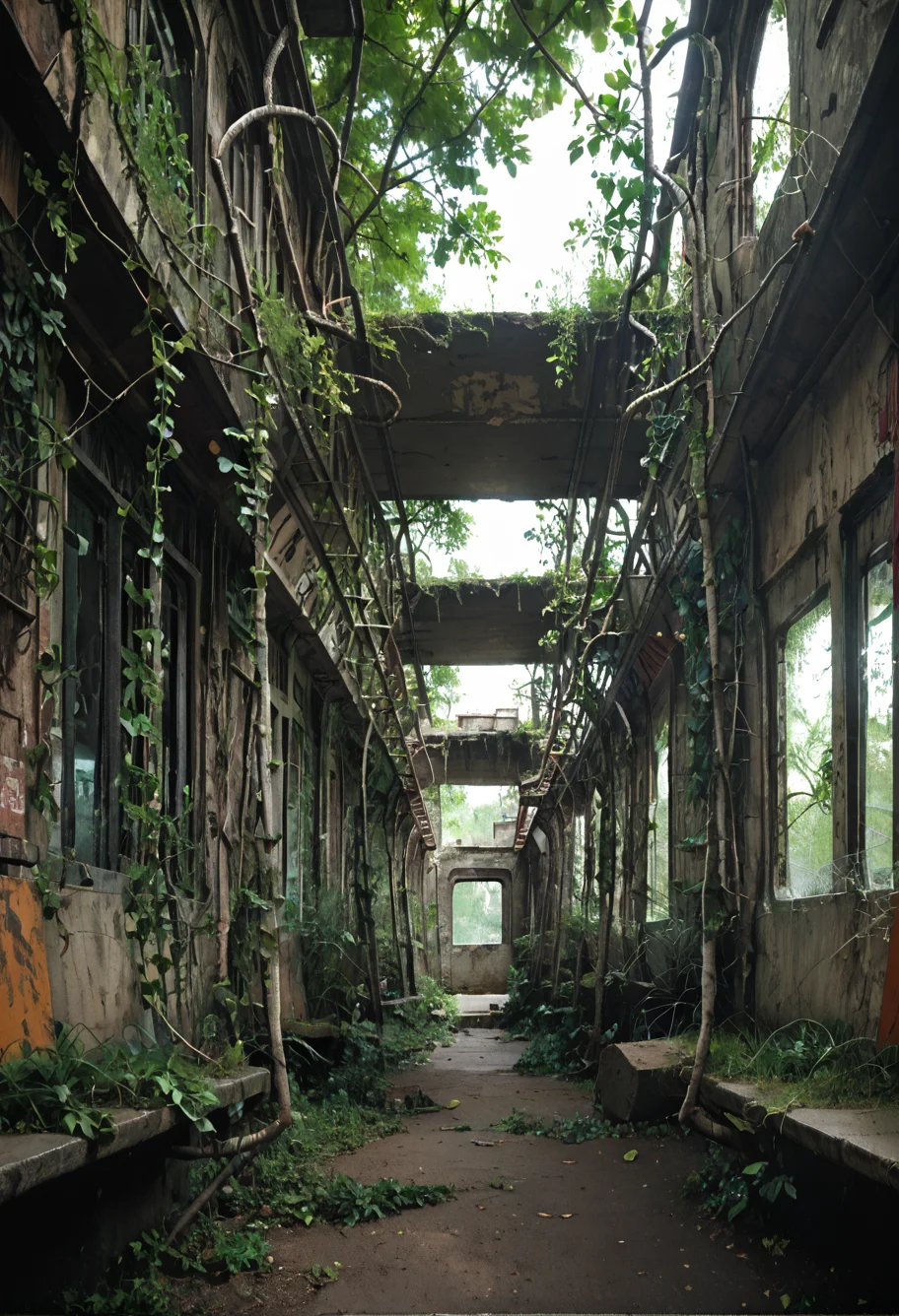 ,ruanyi0777,moss,vines,overgrown,tree,ruins,broken window,outdoors,cityscape,sidewalk,ground vehicle,vehicle focus,road,lamppost,,ruanyi0774,belly chain,garter belt,apricot underwear,apricot thighhighs,<lora:0777 no one world_v1_pony:1>,<lora:0774 Sexy lingerie 12_v1_pony:0.7>, score_9,score_8_up,score_7_up,,8k,1girl,solo,