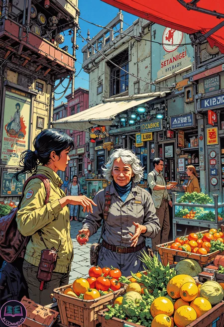 A digital illustration of an elderly shopkeeper tending to a fruit and vegetable stall in a bustling cyberpunk market set in a seaside town inspired by Cinque Terre. a colorful drone-delivery bot zips around overhead. The market is vibrant with holographic displays advertising fresh produce, and the shopkeeper's warm smile contrasts with the high-tech surroundings. The scene exudes charm and a sense of community.