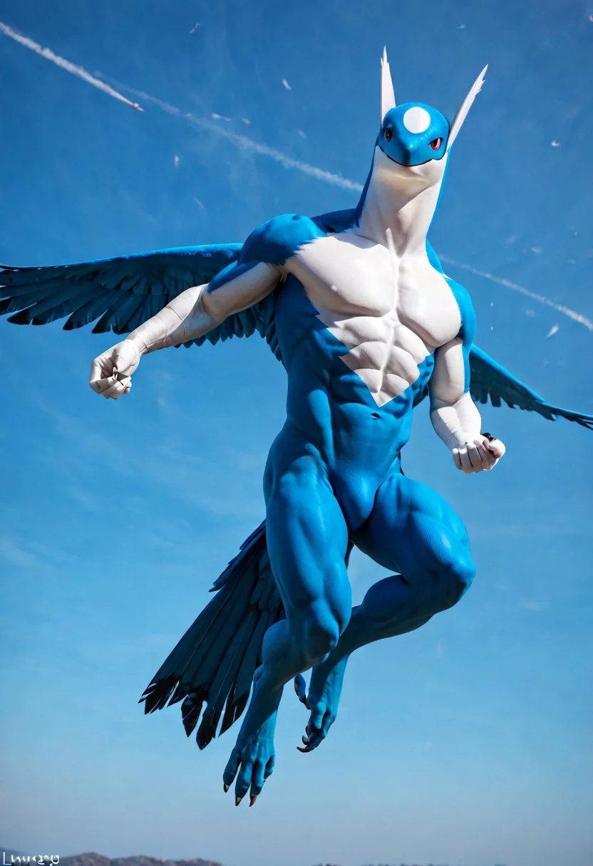 score_9, score_8_up, score_7_up, score_6_up, 1boy, latios, anthro, avian, furry male, furry, blue body, white feathers, blue feathers, body feathers, detailed feathers, realistic feathers, feathered body, red eyes, lean muscles, slim physique, white pecs, blue abs, blue belly feathers, narrow hips, blue legs, white arms, flying, action pose, sexy pose, pelvic thrust, cinematic, sky background