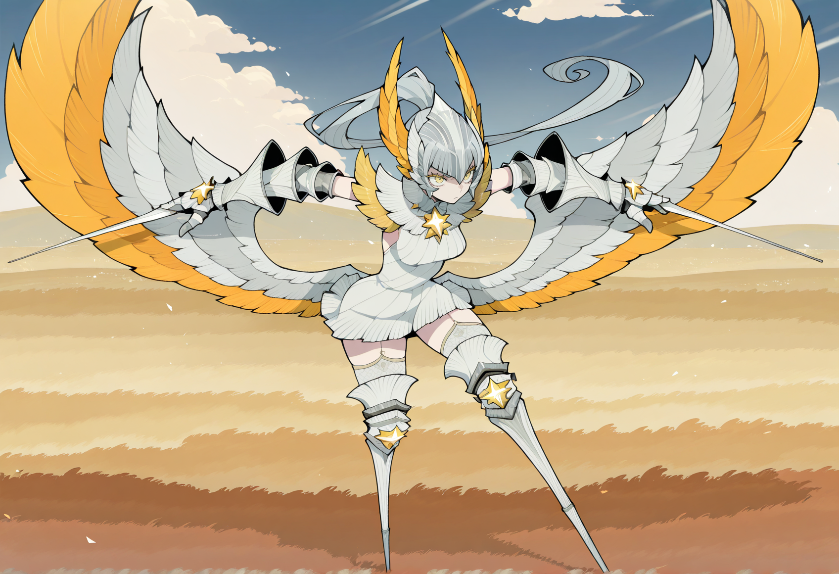 dowman sayman, 1girl, very long hair, high ponytail, grey hair, yellow eyes, colored eyelashes, forehead protector, head wings, short dress, gauntlets, arm blade, wings, prosthesis, prosthetic leg, outdoors, valley, fighting stance, serious <lora:athalia_AFK:1>, masterpiece, best quality, amazing quality, very aesthetic, absurdres, highres, newest
