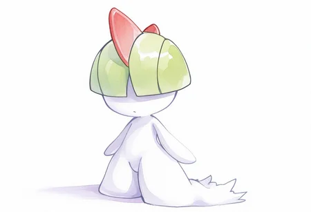 masterpiece, best quality, amazing quality, nyuufruit, watercolor, solo, full body, ralts, pokemon\(creature\), chibi, white body, short hair, bangs, green hair, red horns, hair over eyes, standing