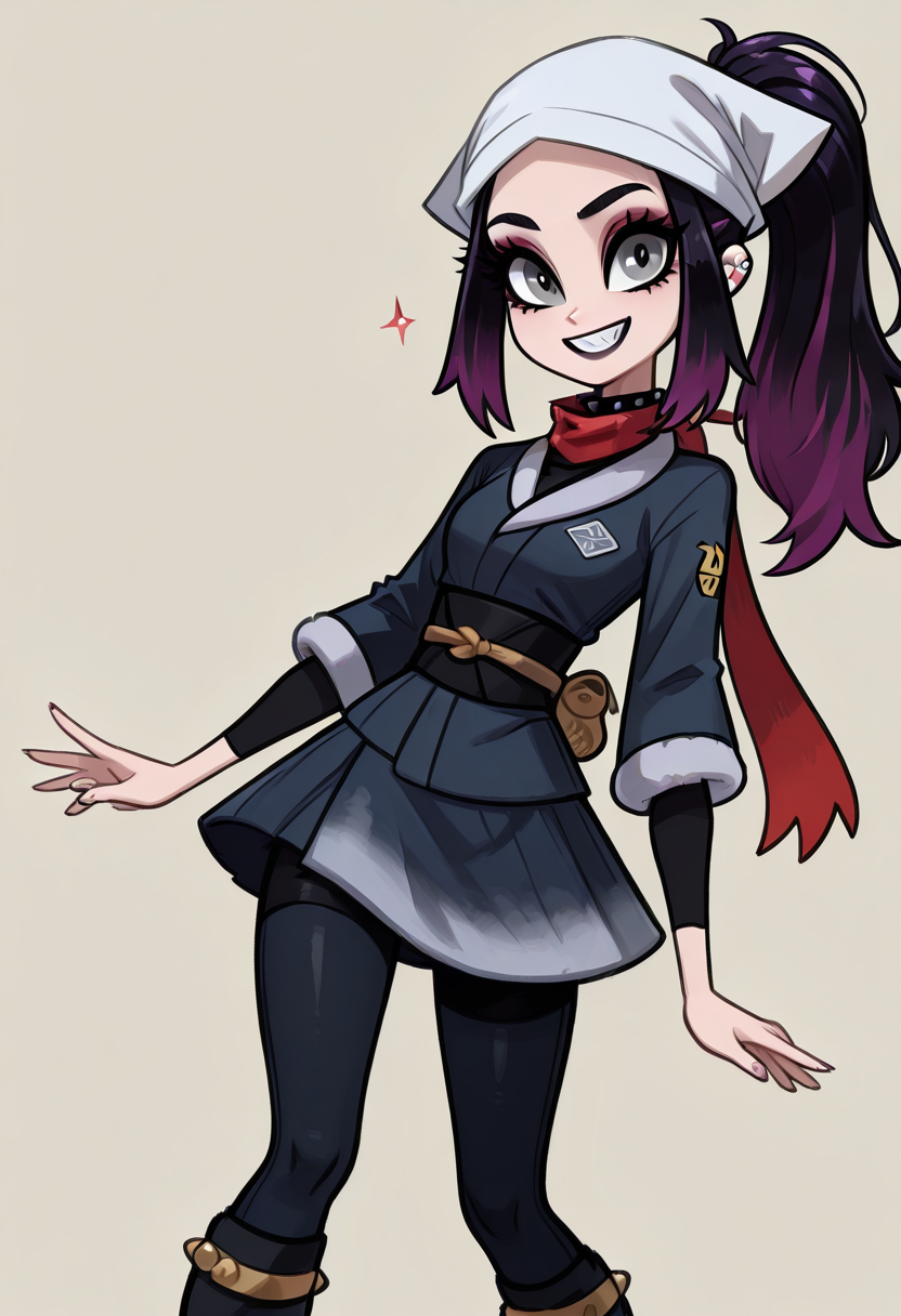 (masterpiece, best quality, good quality, very aesthetic, absurdres, newest:1.2),  zzAkari, grey eyes, eyelashes, black hair, long hair, white headwear, sidelocks, ponytail, black pantyhose, black undershirt, jacket, loose socks, pantyhose, red scarf, sash,  ,<lora:AkariPokemon_IXL_v2:1.0>,, smile, looking at viewer, cowboy shot, (two-tone hair, purple hair, makeup, eyeshadow, black lips, dress, black boots, knee boots, spikes, spiked collar, gothic),   ,<lora:VampieNAI:1.0>,