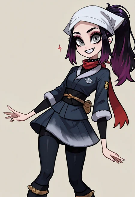 (masterpiece, best quality, good quality, very aesthetic, absurdres, newest:1.2),  zzAkari, grey eyes, eyelashes, black hair, long hair, white headwear, sidelocks, ponytail, black pantyhose, black undershirt, jacket, loose socks, pantyhose, red scarf, sash,  ,<lora:AkariPokemon_IXL_v2:1.0>,, smile, looking at viewer, cowboy shot, (two-tone hair, purple hair, makeup, eyeshadow, black lips, dress, black boots, knee boots, spikes, spiked collar, gothic),   ,<lora:VampieNAI:1.0>,
