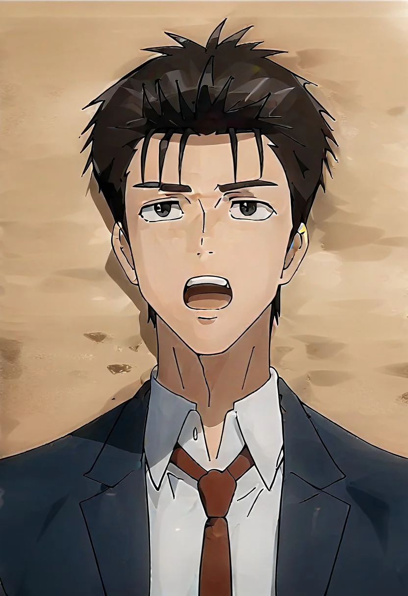 (score 9, score 8 up, score 7 up),((source anime, best quality, best aesthetic, perfect anatomy)),1boy,male focus,handsome detailed face,black eyes,blazer,collared shirt,slim body,skinny,necktie,solo,((Sigh, Yawning, bisexual lighting, on a desert, bird's eye view, looking up)),<lora:Shinich:1>,shinichi,<lora:Smooth Anime 2 Style SDXL_LoRA_Pony Diffusion V6 XL:1>,<lora:aesthetic_anime_v1s:1>,