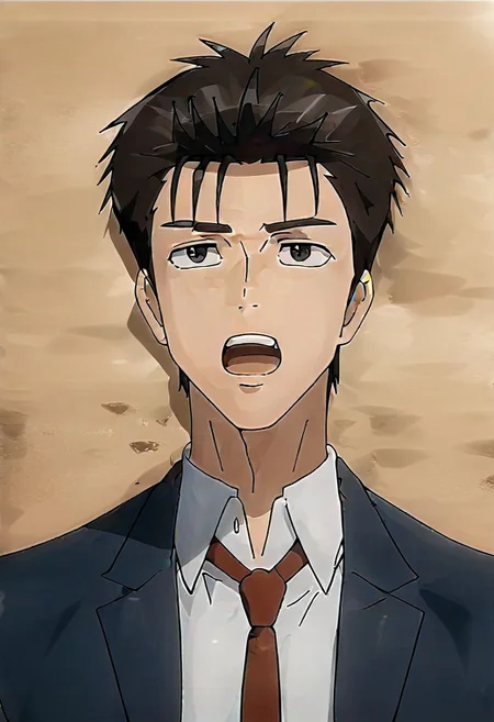 (score 9, score 8 up, score 7 up),((source anime, best quality, best aesthetic, perfect anatomy)),1boy,male focus,handsome detailed face,black eyes,blazer,collared shirt,slim body,skinny,necktie,solo,((Sigh, Yawning, bisexual lighting, on a desert, bird's eye view, looking up)),<lora:Shinich:1>,shinichi,<lora:Smooth Anime 2 Style SDXL_LoRA_Pony Diffusion V6 XL:1>,<lora:aesthetic_anime_v1s:1>,