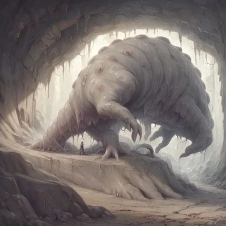 Dark Fantasy page, Inside a crypt. sluggirl woman,, stone, giant slug, monster made of stone,
