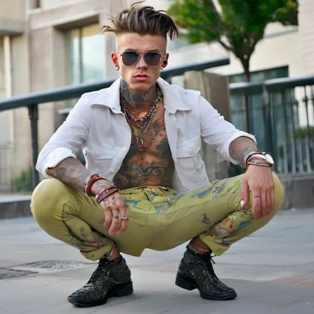 fashion punk model man squat highly detailed, wearing pants, street wear, stunning, sharp focus, clear very expressive, attractive, artistic, cinematic, surreal, striking, full detail, pretty, amazing, delicate, extremely fine, intricate, awesome, elegant, luxury, elite, colorful, light, crisp, color, epic, iconic, complex background, inspirational, vibrant colors, perfect <lora:woman_squat_xl_lora:1>