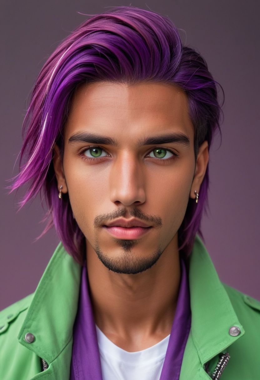 aszkstzz, 1boy, facial hair, male focus, solo, green eyes, purple hair, jacket, shirt, dark skin, white shirt, brown jacket, mustache, dark-skinned male, looking at viewer, earrings, beard, upper body, jewelry, open jacket, open clothes, zipper, gradient background, gradient, stud earrings, hyperdetailed photography, soft light,   cinematic angle, masterpiece, best quality ,