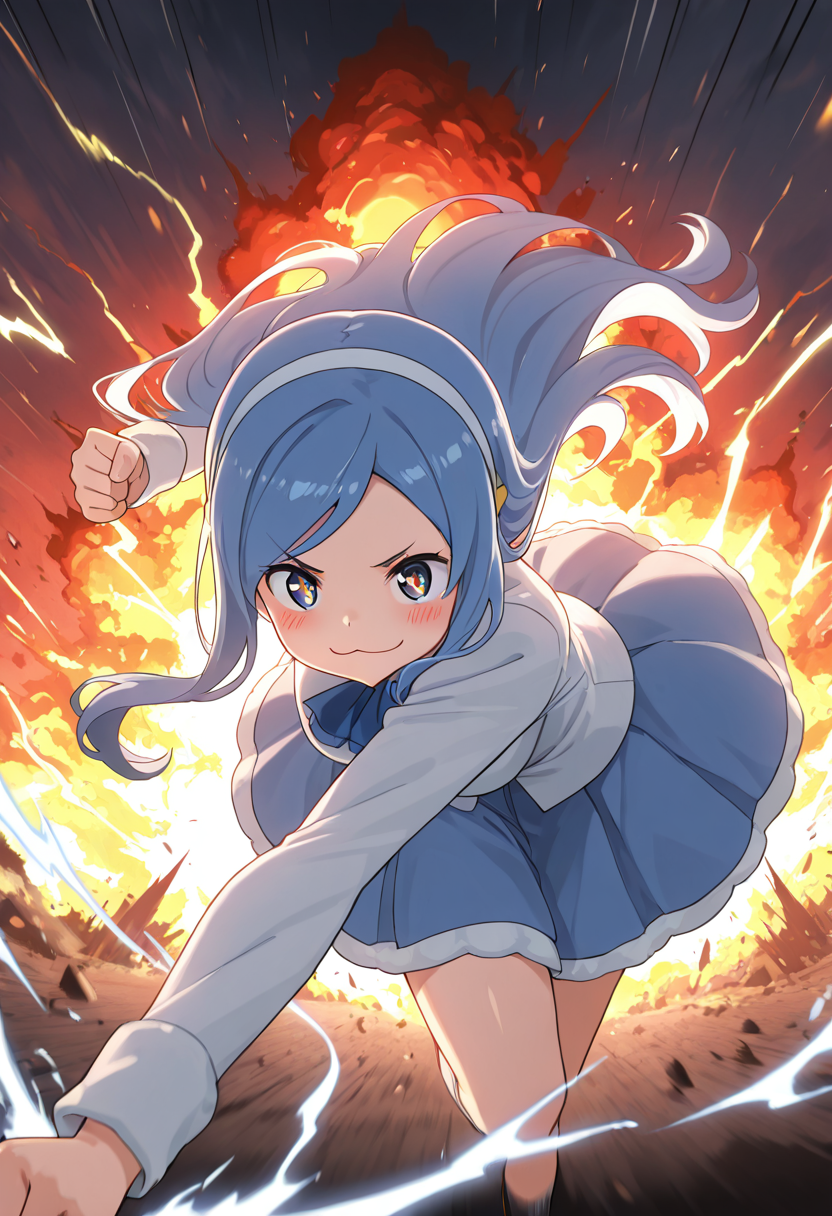 masterpiece, best quality, solo,   zzTachibana, looking at viewer, blush, smile, skirt, dress, hairband, :3  <lora:TachibanaSylphynford_IXL:1.0>,  (dynamic pose, incoming attack, foreshortening:1.2),  locked in an intense battle, fists colliding with an unseen foe, golden lightning crackling through the battlefield, shockwaves splitting the earth beneath them, burning red eyes focused, silver aura flaring violently, cinematic motion blur, high-speed action shot, dynamic lighting highlighting his immense power