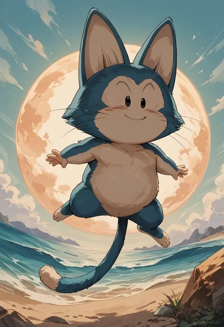 (score_9, score_8_up, score_7_up:1.3), (puar:1.0), in beach, Puar from dragonball floating in the air, cute anthro masterpiece, random place, Full color, amazing lighting, highly quality, highres, abstract background
