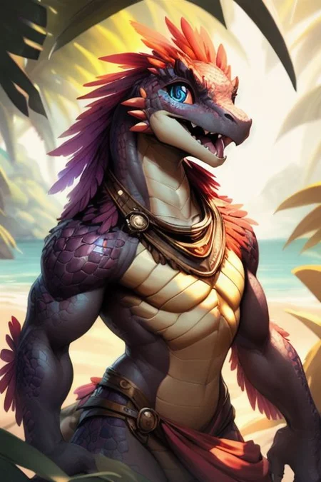 scalie, anthro, ((female)), ((kobold:1.3)), detailed pink scales, detailed scales, intricate scales, ((small breasts)), ((nude)), (detailed face), (detailed eyes:2), (big eyes:0.5), claws, open mouth, grin, (fangs:1.3), cute, young, muscular, athletic, elegant, beautiful, claws, (slit pupils), bright eyes, expressive eyes, (chubby:0.4), (plump:0.4), smiling, happy,  
((((head with thick long feathers)))), ((feathered arms, feathered legs)) covered in feathers, 
sexy pose, dancing,
(saliva), (drooling:0.5),
<lora:dragon:0.1>,
<lora:addmoredetails:-0.1>,
<lora:Velociraptor_Dino:0.1>,
<lora:deathclaw:0.1>,
<lora:azt3ch:0.1>,
<lora:FurryCore:0.6>
<Lora:sailor_moon:0.2>
by darkgem, by thesecretcave, by silverfox5213, , 
noon, sunlight, 
on a beach, 
(ambient light on the body),
Ray tracing, dutch angle, concept art, highly detailed, (hi res), ((masterpiece)), ((best quality)) masterpiece, best quality, masterpiece, best quality, cinematic composition, (masterpiece, best quality, ultra realistic, 4k, (high detail:1.3), sharp focus,