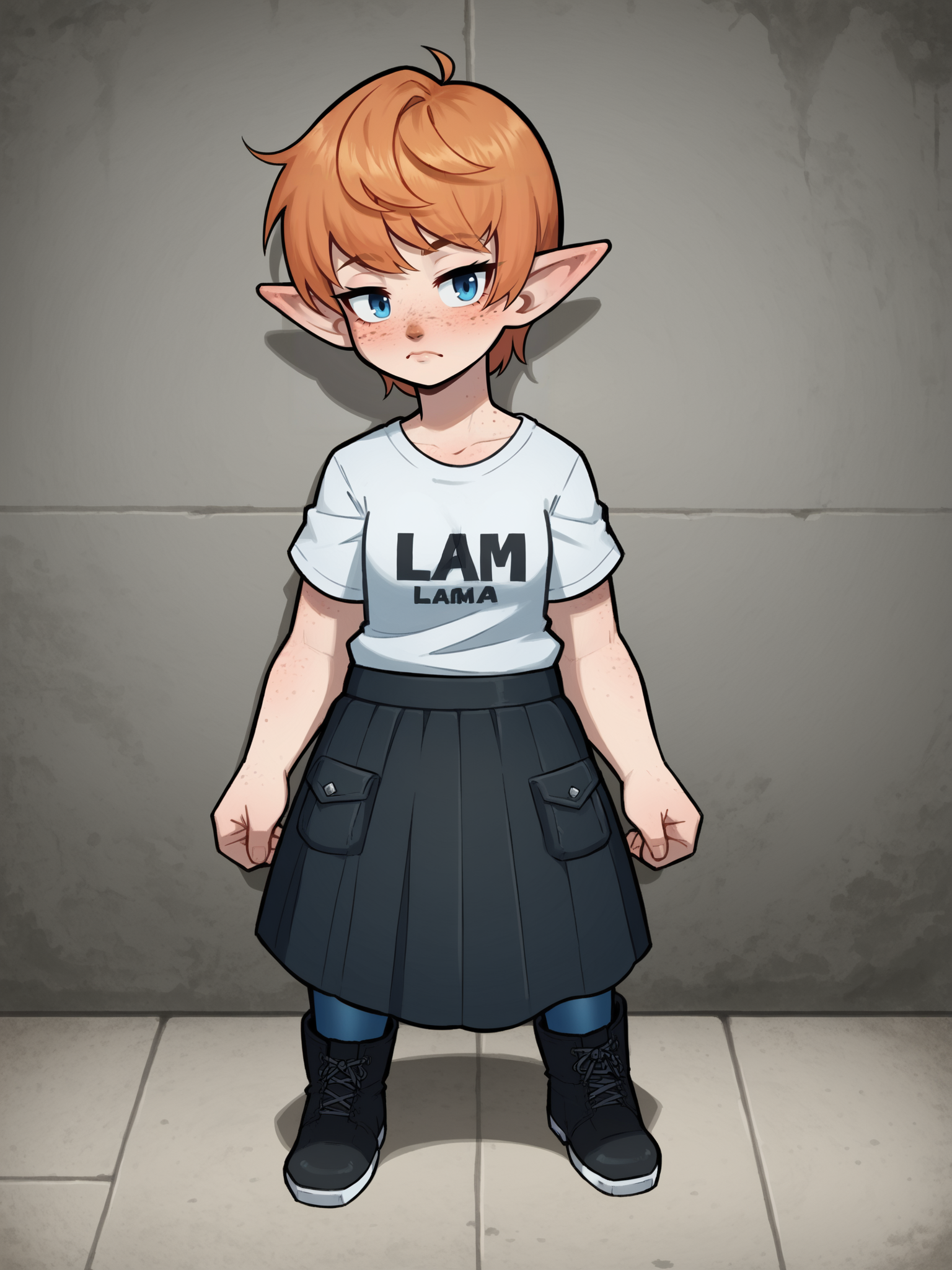 score_9, score_8_up, score_7_up, score_6_up, 1girl, solo, high quality, absurdres, detailed, fine fabric emphasis,
<lora:WossaRem v2:0.9>, wossarem, black t-shirt, black overall skirt, blue pantyhose, work boots, <lora:PopipiDT_v1-20:0.8> popipi, lalafell, pointy ears, orange hair, freckles, short hair, blue eyes, brown nose