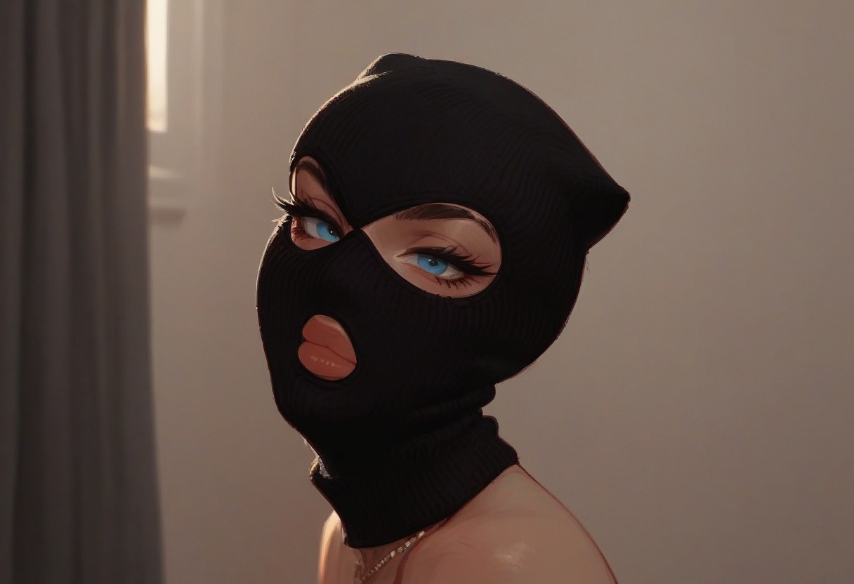 score_9, score_8_up, score_7_up, score_6_up,
rating_explicit, 1woman, sexy thief, black mask,  threeholkn1tskimask,  big natural lips, thick eyelashes, light-blue eyes, looking at viewer, naughty, closet mouth, from side, close-up,  focus on eyes