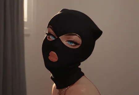 score_9, score_8_up, score_7_up, score_6_up,
rating_explicit, 1woman, sexy thief, black mask, threeholkn1tskimask, big natural lips, thick eyelashes, light-blue eyes, looking at viewer, naughty, closet mouth, from side, close-up, focus on eyes