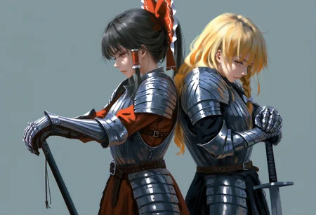 <lora:SDXL\Illustrious\noobai_ep11_stabilizer_v0.58_fp16.safetensors:0.8:1.0> <lora:SDXL\Illustrious\test\wlop.safetensors:1.0:1.0>wlop,2girls,kirisame_marisa,hakurei_reimu,duo,touhou,sidfe view, back to back,looking_at_viewer,alternate_costume, belt, sword, grey_background, holding_weapon, armor, holding_sword, shoulder_armor, gauntlets, pauldrons, breastplate, frilled_bow, greatsword BREAK (chromatic aberration:1.2),very awa,masterpiece, best quality, amazing quality, very aesthetic, absurdres,