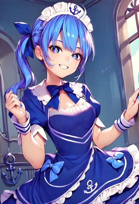 score_10, score_8_up, score_7_up , source_anime , <lora:Anime Pinups XL-v1:0.7> , <lora:naipf> , <lora:CHAR-HoshimachiSuiseiPonyXL:1>,1girl , SuiseiBase , side ponytail , maid headdress , blue dress, puffy short sleeves, blue bow, anchor symbol , wrist cuffs, blue ribbon , maid , blue bowtie, frilled dress, blue nail polish, blue nails, dress bow, anchor print , blue hair , star eyes , smile , Oshi no ko eyes ,