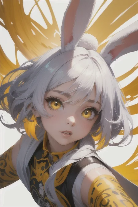 masterpiece, best quality, (rabbit) bunny, large eyes, (cartoon), splashing, abstract, psychedelic, (neon:0.8), extremely detailed, (white background:1.3), ink, (creative:1.3), intricate detail, (pretty face), dynamic lighting, natural lighting, (yellow:1.3), photorealistic, sy3 <lora:Sy3:0.4> <lora:ink-0.1-3-b28-bf16-D128-A1-1-ep64-768-DAdaptation-cosine:1>
