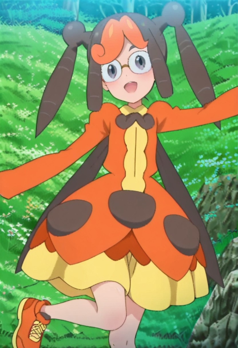 score_9, score_8, score_7, anime_screencap, anime_coloring, source_anime, high_res, rating_safe, uncensored,
PKMNKricketinaKylie, 1girl, brown hair, orange hair, multicolor hair, twintails, sidelocks, bangs, glasses, gray eyes, orange dress, long sleeves, brown bow, orange footwear, sneakers,