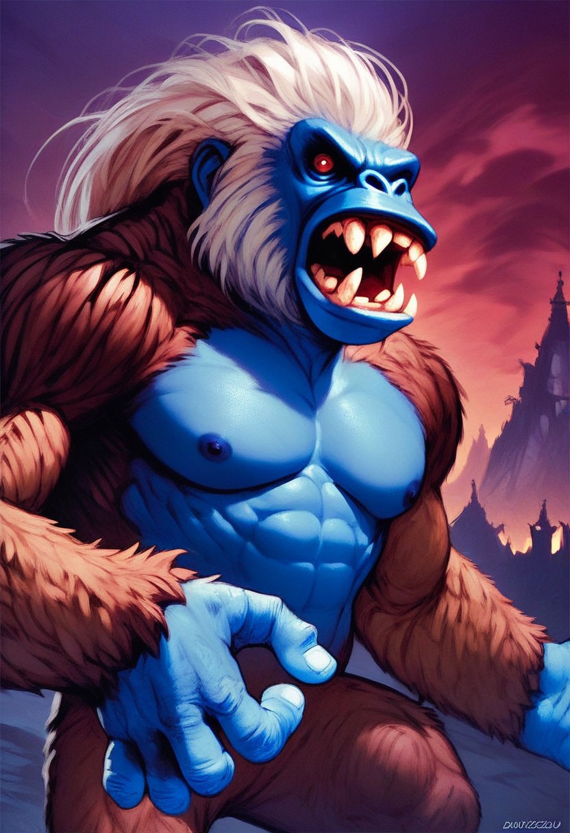 DonMC0m1cM4g1cXL, (dark, fantasy, magical, eerie) score_9, score_8_up, score_7_up, score_6_up, Blizzard_Primal, chimpanzee, monkey, monster, blue skin, white fur, brown fur, multilocored fur, red eyes, fangs, BREAK, background, plain, purple sky