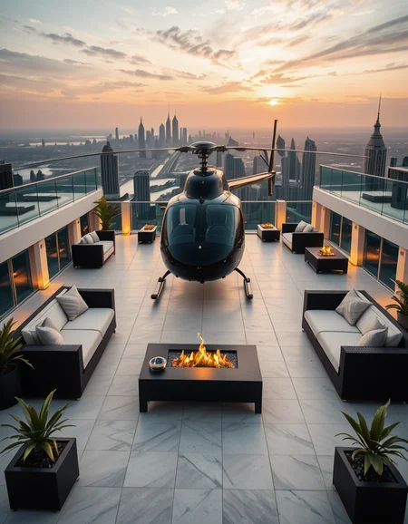 A high-resolution photo of a luxurious rooftop of a five-star hotel at sunset, featuring a sleek helipad with a high-end, matte-black private helicopter elegantly parked. The rooftop is designed with ultra-modern architecture, featuring a spacious terrace with infinity-edge glass railings, ambient lighting, and a panoramic city skyline in the background. The surface of the helipad is clean, polished concrete with clear illuminated markings. Surrounding the helipad, there are lounge areas with modern outdoor furniture, minimalist fire pits, and decorative planters with tropical greenery. The lighting is warm and golden, casting soft shadows and highlighting the contours of the helicopter and the textures of the rooftop. The sky is dramatic, painted with hues of orange, pink, and violet, creating a cinematic atmosphere of luxury and exclusivity. The overall mood is elite, calm, and aspirational, showcasing the ultimate in urban luxury lifestyle.
<lora:SDXLFaeTastic2400:0.4> <lora:extremely_detailed:0.4> extremely detailed,helipad r00ft0p <lora:helipad_r00ft0p-i:1>, Masterpiece,best quality,hi res,8k,hi res,8k,award winning,(sharp focus, intricate, highly detailed),