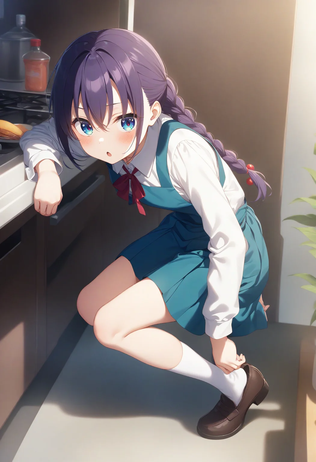 1girl,sincos, ningen mame, toosaka asagi,solo,medium breasts,school uniform,
adjusting footwear,adjusting clothes,putting on shoes,shoes,<lora:adjustingfootwear_XL_v1:0.8>
from side, panorama shot, looking at viewer, purple hair, black eyes,bored, kitchen, open mouth, braid hair,,
best quality, very aesthetic, absurdres