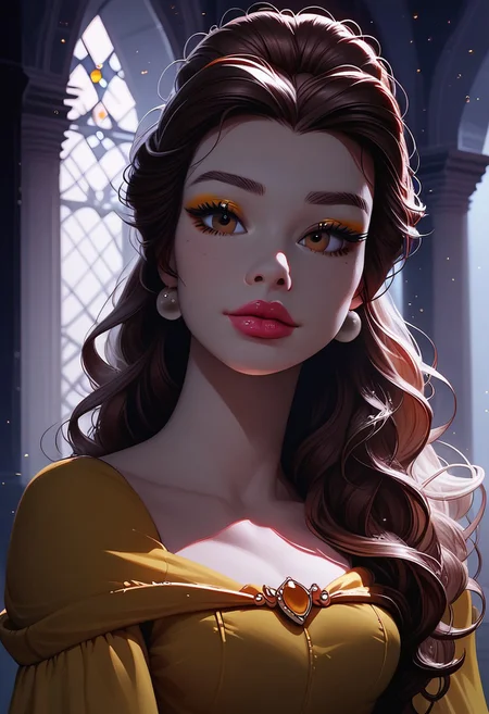 score_9, score_8_up, score_7_up, solo,  1girl, 24 y.o, Belle Princess, cinematic, Depth of field, bokeh, best_quality, cinematic, light particles, highly_detailed, very_aesthetic, beautiful_and_aesthetic, top_quality, hyperrealistic, photorealistic, 8K, ultra detail, curves, sexy, body shaper, yellow dress, Ball dress, afterglow expression, bioluminescent details, wearing a feather boa, slender waist, carrying light eyebrow gel with gloss cream lipstick, stylish brown bun hair, long hair, colored eyeliner, brown eyes, face focus,