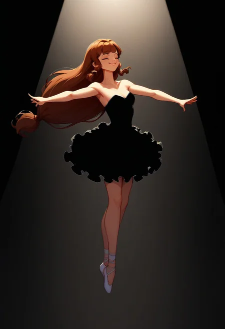 Blend_in, black background, score_9, score_8_up, score_7_up, masterpiece, best quality, absurdres, highly detailed, (high contrast, spotlight), full body, (from above:0.6), mature, stunning, 
BREAK 
1girl, solo, imtdlilaross, long hair, low-tied long hair, green eyes, blunt bangs, brown hair, hair tubes, strapless ballerina attire, bell tutu, pitch black clothes, (white ballerina pointes), arabesque, dynamic pose, stage performance, smile, closed eyes