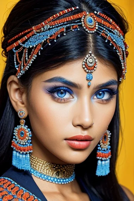close-up photographic portrait of woman with strikingly vibrant blue-silver eyes. Soft shoulders showing. The face should, intricate, tribal-inspired art, patterns, reminiscent of beadwork and ceremonial embellishments, scheme, rich reds, oranges, blues --ar 2:3