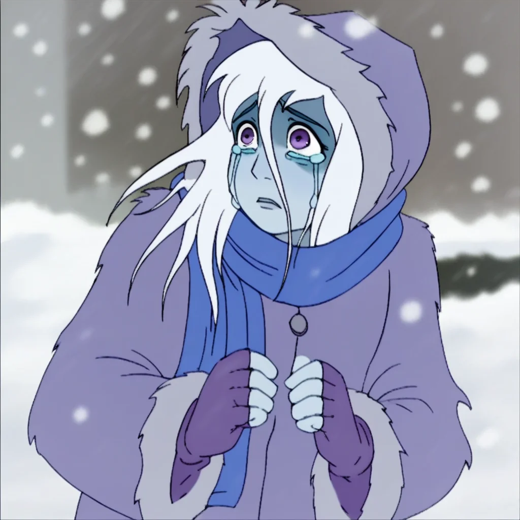 score_9, solo, static_pf, 1girl, white hair, purple eyes, blue skin, coat, hood, scarf, fingerless gloves, tears, snowing, outdoors, natural lighting