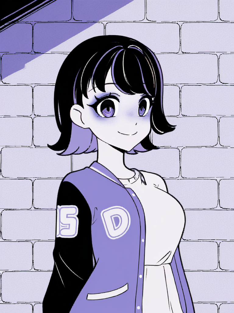 1girl, monochrome, purple theme, 

black hair, medium hair, two tone hair, purple hair,

standing, brick wall, smile, looking at viewer, upper body,

white t-shirt, varsity jacket, 
