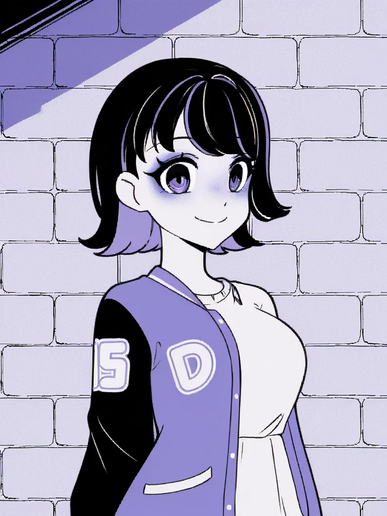 1girl, monochrome, purple theme,
black hair, medium hair, two tone hair, purple hair,
standing, brick wall, smile, looking at viewer, upper body,
white t-shirt, varsity jacket,