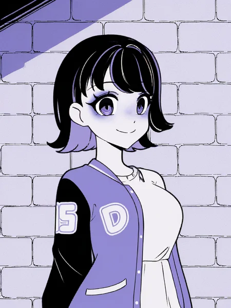 1girl, monochrome, purple theme,
black hair, medium hair, two tone hair, purple hair,
standing, brick wall, smile, looking at viewer, upper body,
white t-shirt, varsity jacket,