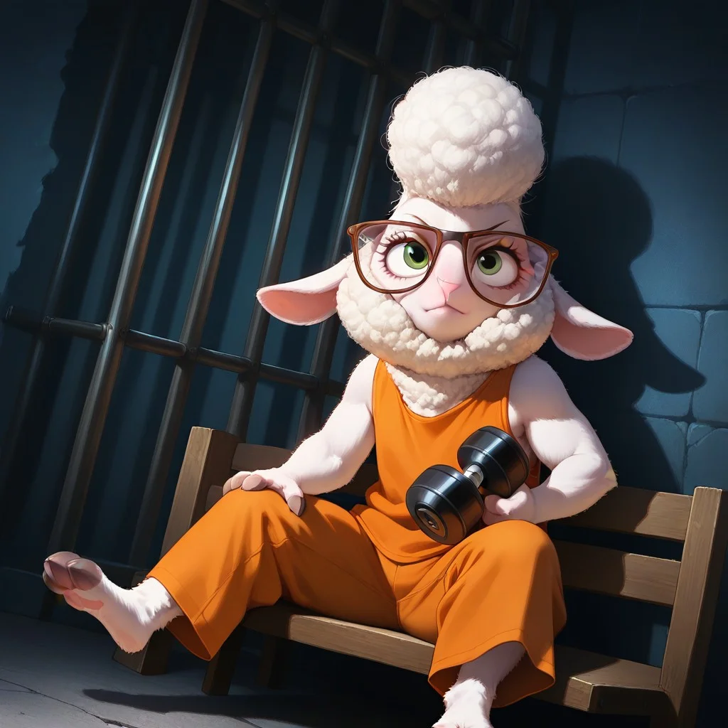 masterpiece, best quality, amazing quality, very aesthetic, high resolution, ultra-detailed, absurdres, newest, scenery, prison, concrete walls, metal bars, dramatic shadows, dimly lit, dark theme, BREAK, detailed background, detailed hair, depth of field, detailed fluffy fur, photorealistic details, volumetric lighting, masterpiece, newest, absurdres, safe, , very aesthetic, absurdres,  dawnBW, anthro, furry female, sheep, animal ears, glasses, brown eyewear, green eyes, white wool, white fur, finger hooves, black hooves, orange pants, orange shirt, angry dynamic pose, dynamic angle, dramatic angle, closed mouth, sitting on prison bench, spread legs, seductive eyes, leaning forward, holding dumbbell, lifting dumbdell, hand on knee, bare shoulders, muscular arms, side view, , <lora:18f3a372-cc22-4446-9e9e-ad5ca42404d8:1.2>