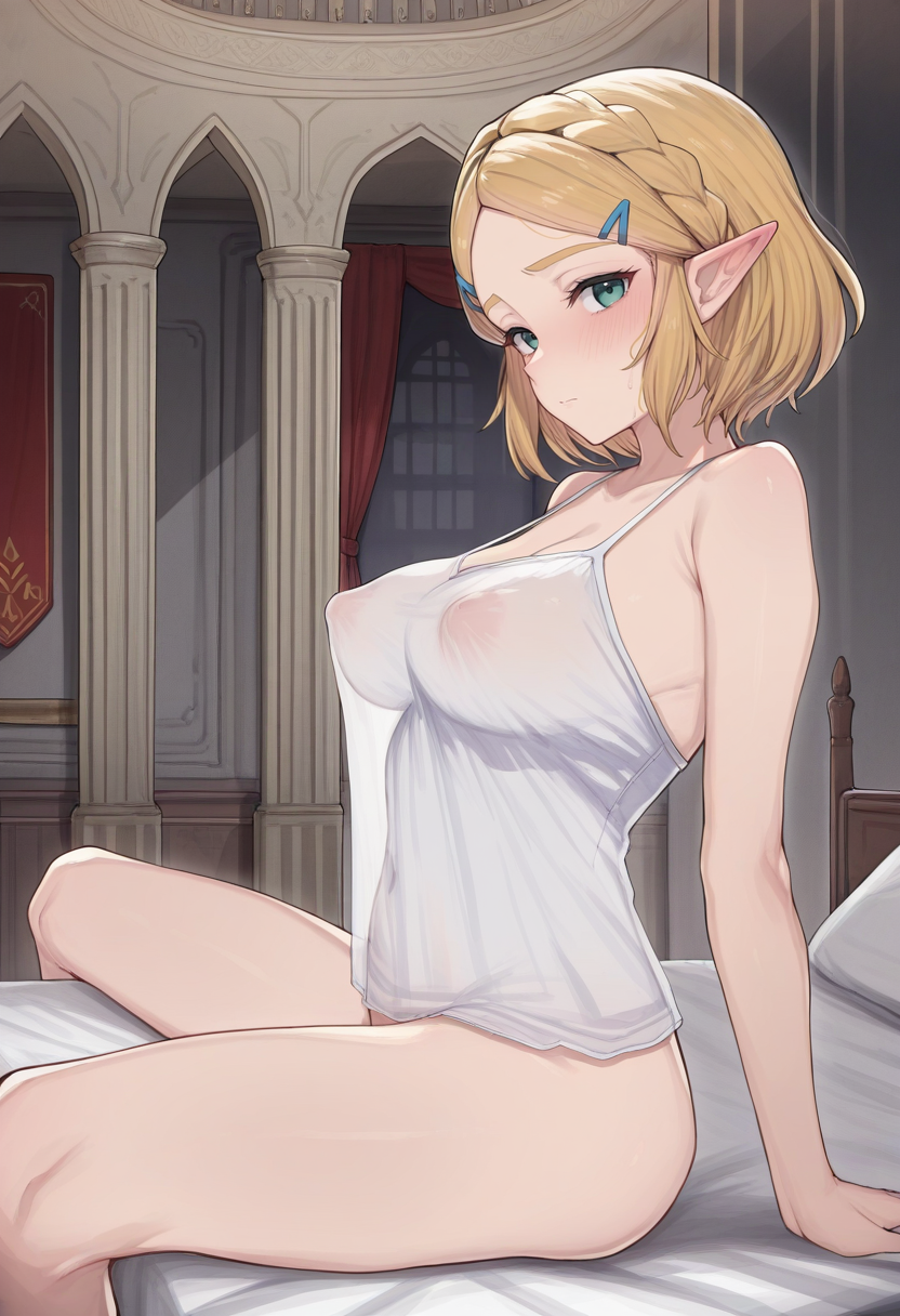 masterpiece, best quality,
 <lora:Sos_Adult_Style:1> S0sad0lt, 1girl, solo, from side, sitting, spread legs, looking at viewer, princess zelda, short hair, blonde hair, white camisole, see-through clothes, covered nipples, indoors, bedroom, palace,